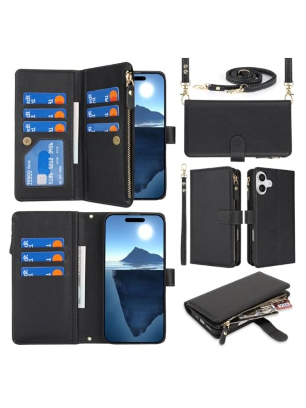 PU Leather Crossbody Wallet Case for iPhone 16 6.1" with Card Slots & Strap